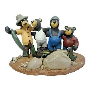 4 Bear Buddies Group Catch Fishing Stoneware Figurine Fish Basket Fisherman